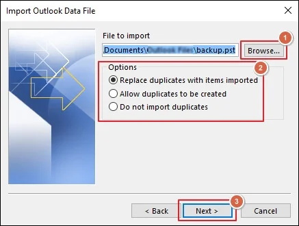 choose the PST file location