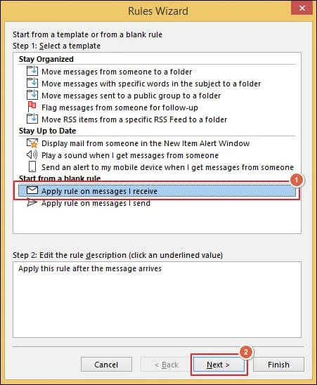 select apply rule on message receive