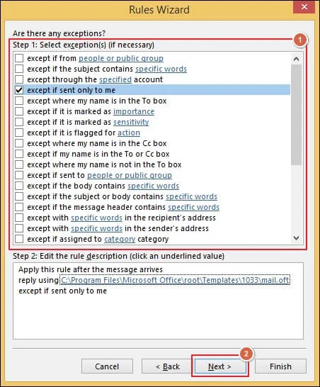 Select the required exceptions
