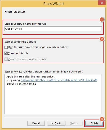 Set up rule options and click Finish 