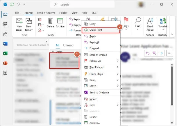Quick Print  option to save the Outlook email in the PDF