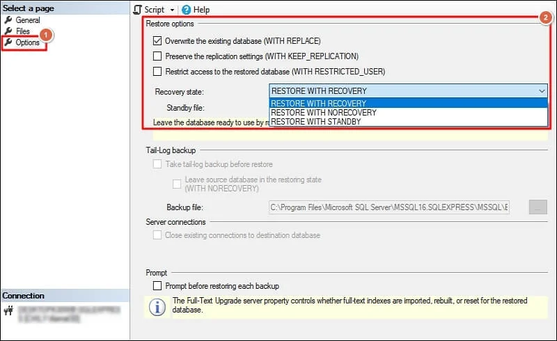 choose restore options