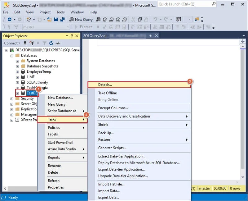 click on tasks and detach database