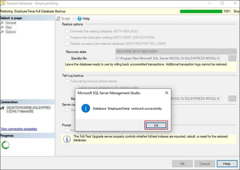 start restoring your database file