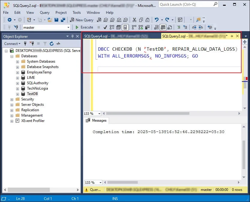 run command repair allow with dataloss