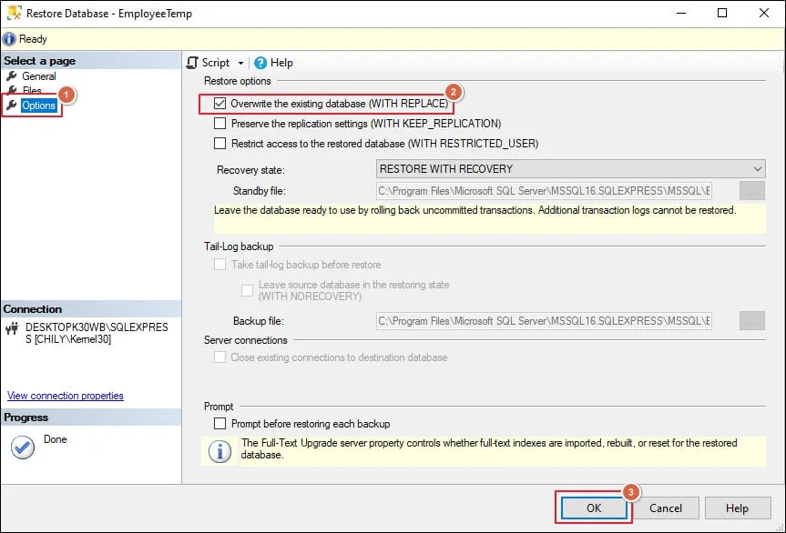 Overwrite existing database