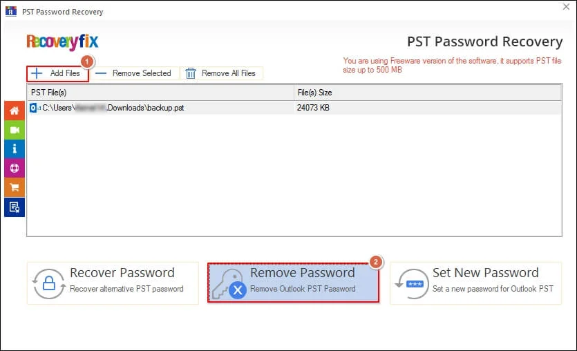 Add the desired PST files to remove password