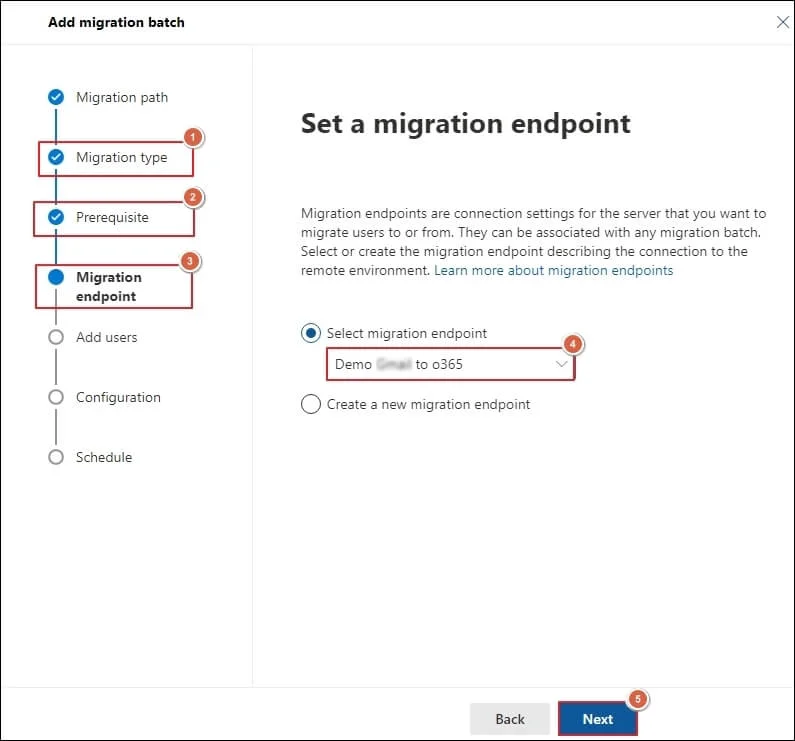 Select the migration endpoint