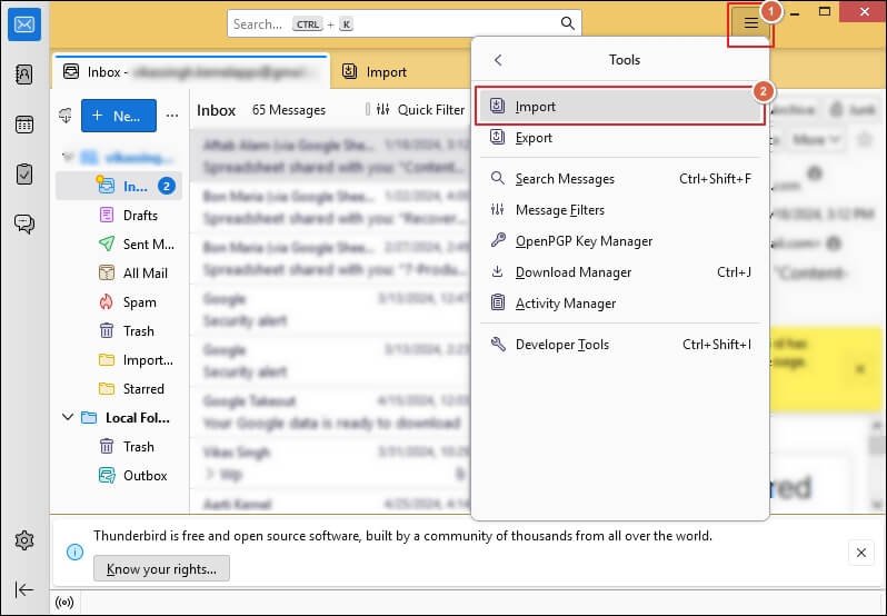 Go to Thunderbird Menu Tools and Import