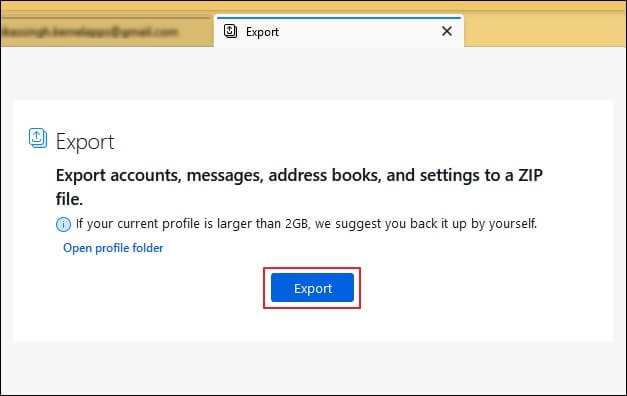 Export to backup the mailbox data