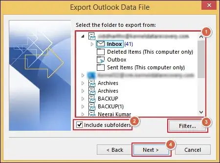 Choose the required mailbox folder and Include subfolders