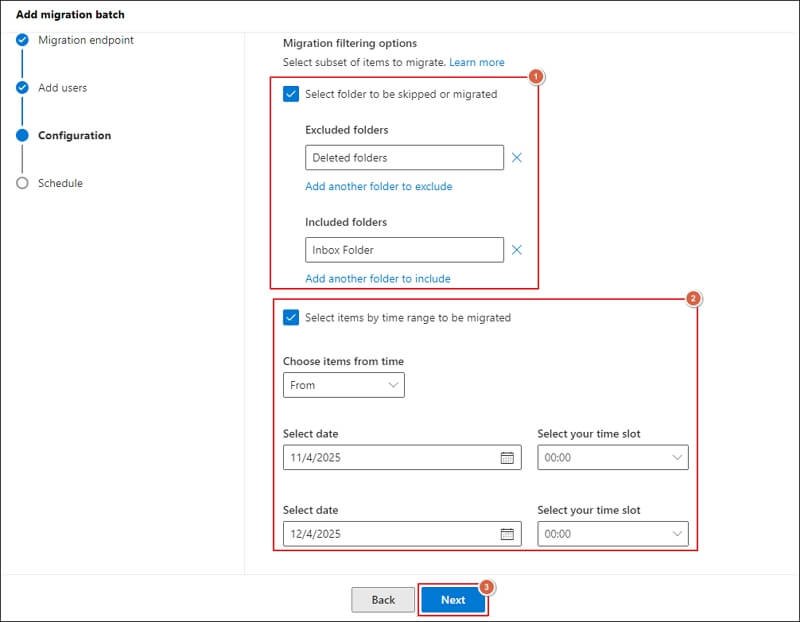 Migration filtering options