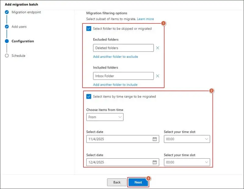 Migration filtering options