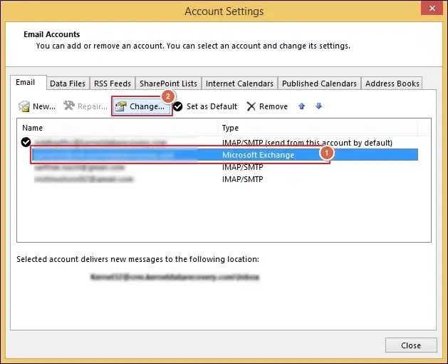 Select Exchange account and click change