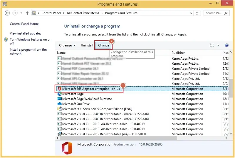 Change Microsoft Office installed program