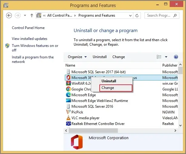 Click on change option