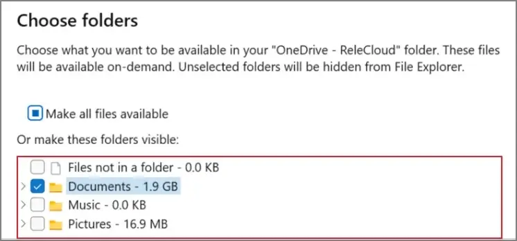 Choose folder in OneDrive