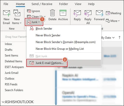 Access Junk E-mail Options