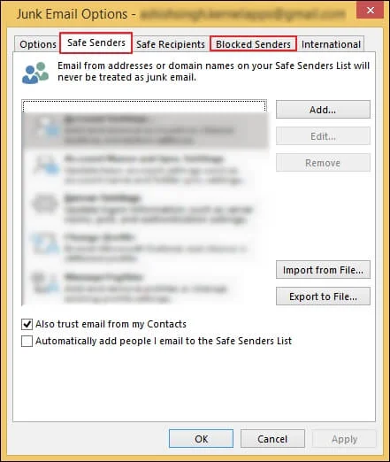 Review safe and blocked sender list