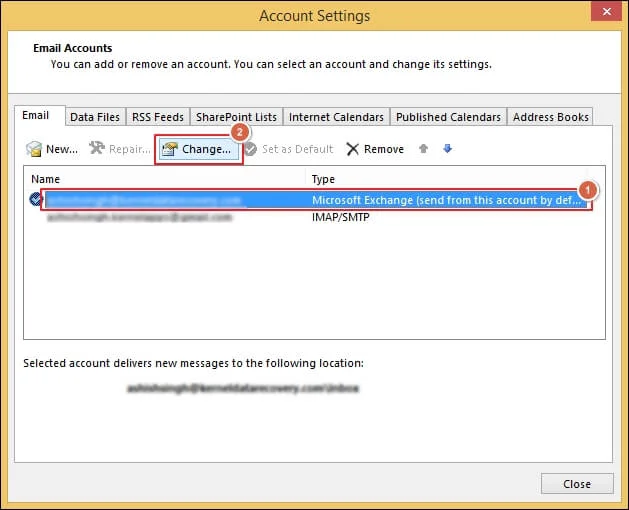 Select the Exchange  account and change