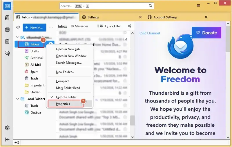 Right click on Inbox folder and click Properties