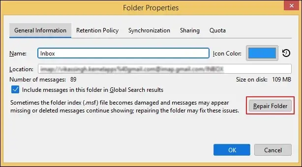 Locate the General Information tab and proceed to Repair Folder