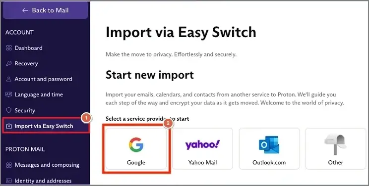 Use Google as the service provider to start in the Start new import section