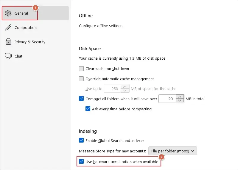 Uncheck the Use hardware acceleration when available option