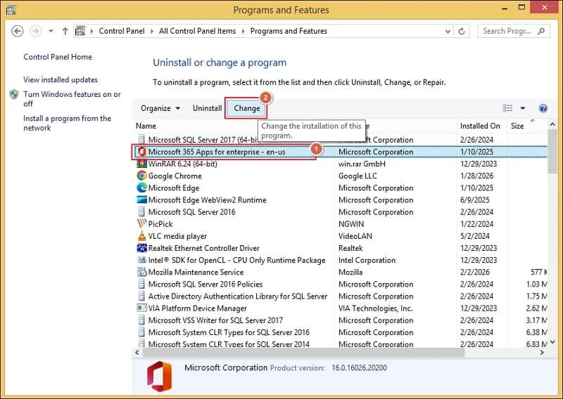 Select Microsoft Office and click Change