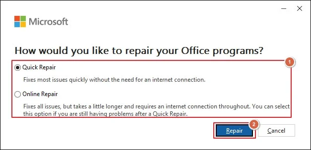 Choose the appropriate option and click Repair