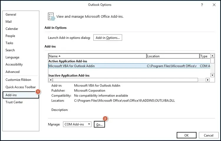 Add-ins Manage COM Add ins and hit Go
