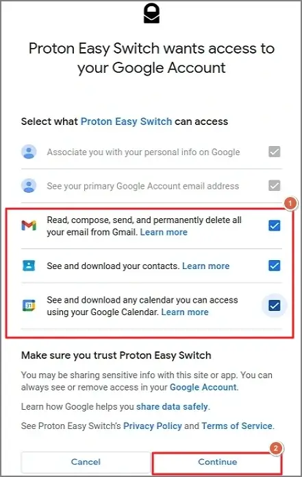 Select the mailbox folder data that you want to import into ProtonMail. Hit Continue