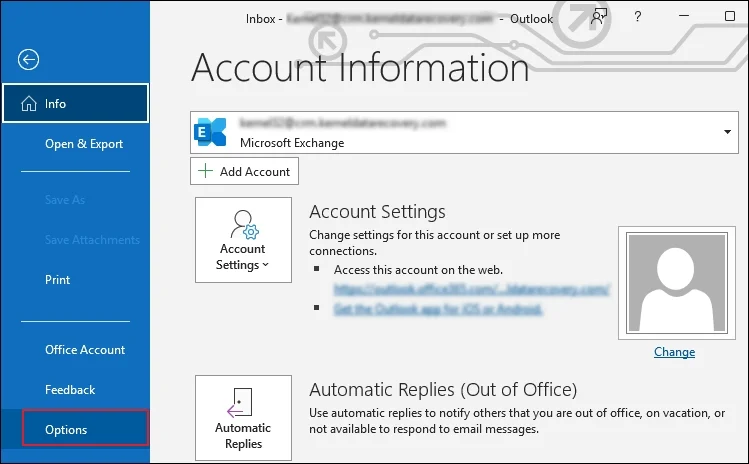Launch Outlook and click File and go to Options