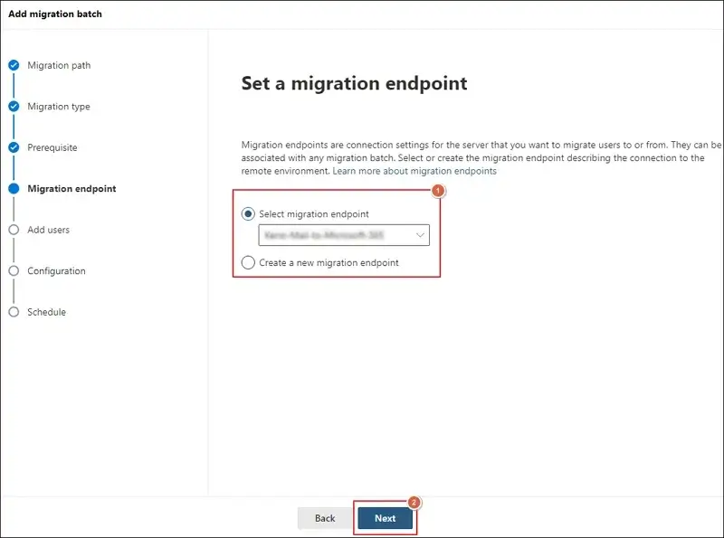 Choose a migration endpoint or create a new one. Then, tap on Next. 