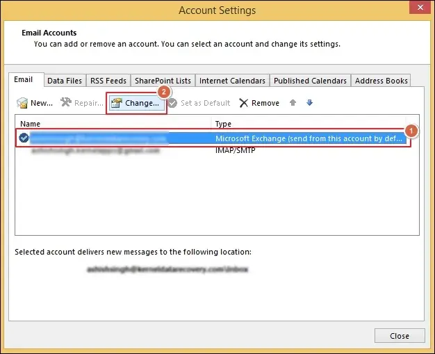 Select your Exchange account and hit Change