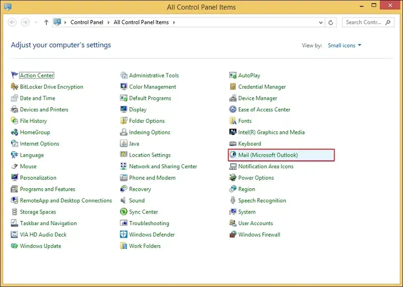 Access the Control Panel and go to Mail Microsoft Outlook