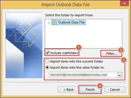 Select Import items into the current or same folder and click Finish