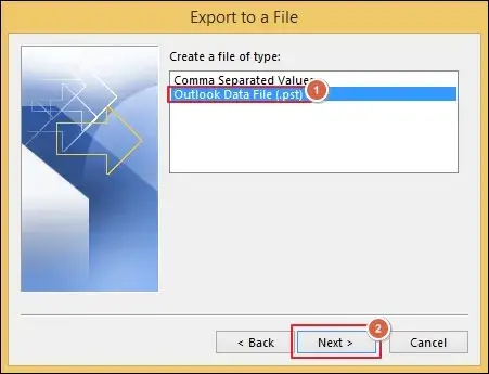 Select Outlook Data File pst and proceed to Next