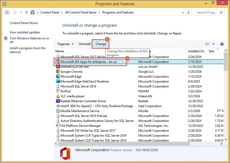 Select Microsoft 365 and tap on Change