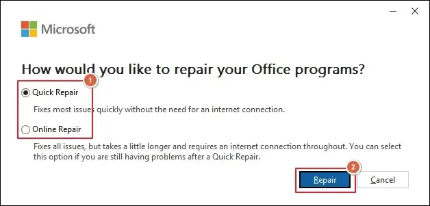 click on Repair and follow the on screen instructions