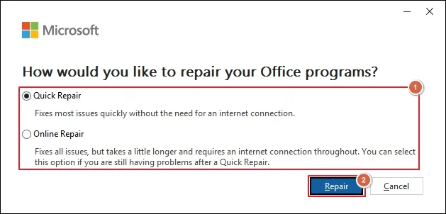 Choose the appropriate option to Repair
