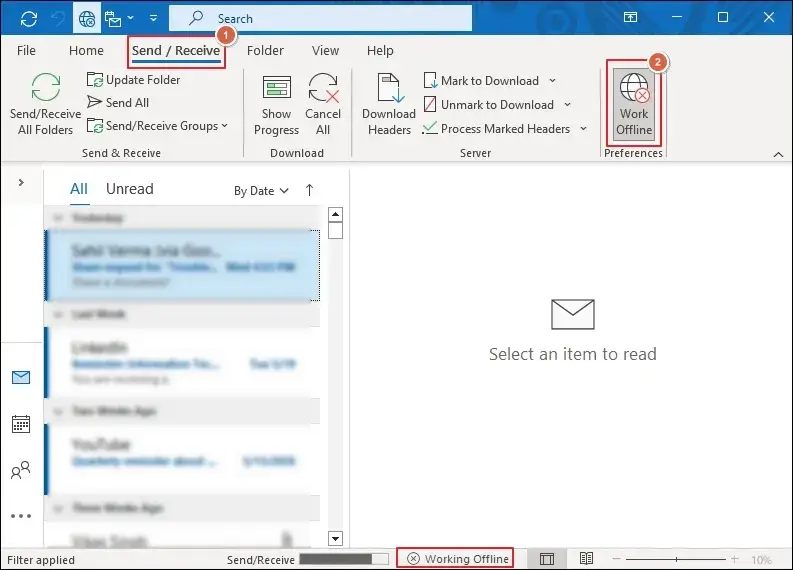Working Offline means the service is enabled in Outlook