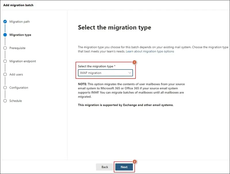 Choose IMAP as the migration type and proceed to Next