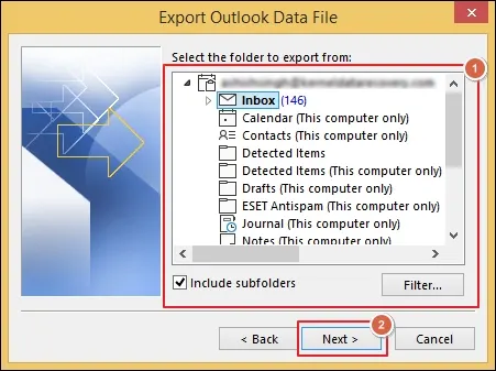 select mailbox folder and click next