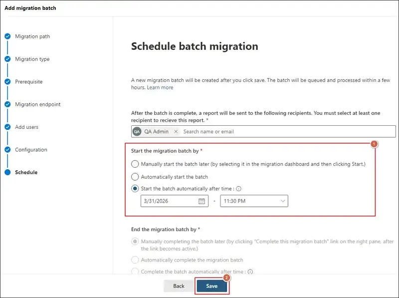 Schedule batch migration and click Next