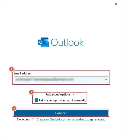 Let me set up my account manually option and proceed to Connect