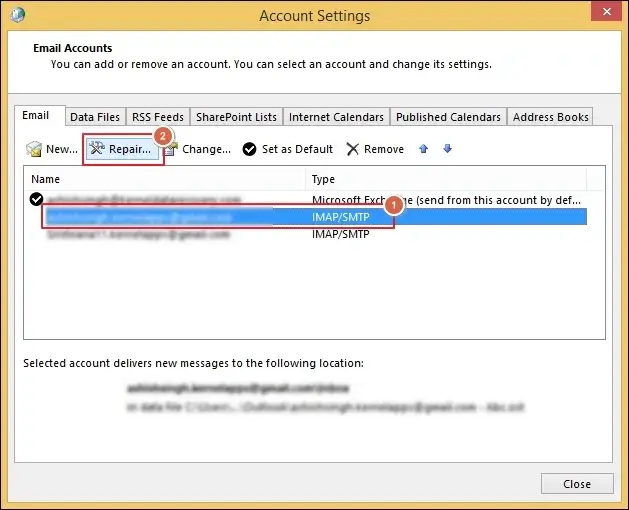 Select the email account to Repair its related profile