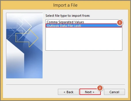 select outlook data file