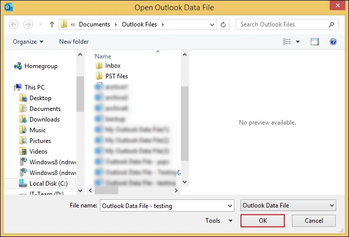 browse and select needed pst file and then open outlook file directly