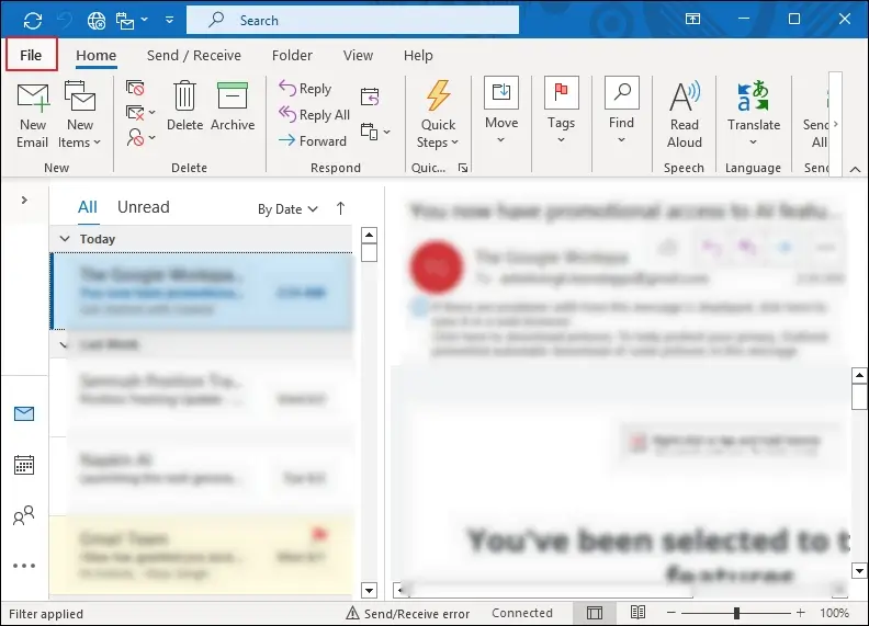launch outlook and access email then click on file tab